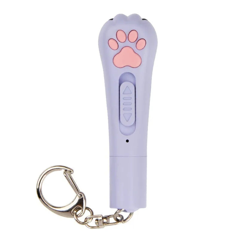 Rechargeable handheld cat teasing stick in blue with laser pattern and moonlight lamp functions.