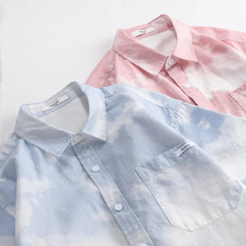Men's light pink loose fit pure cotton short sleeve summer shirt cardigan style