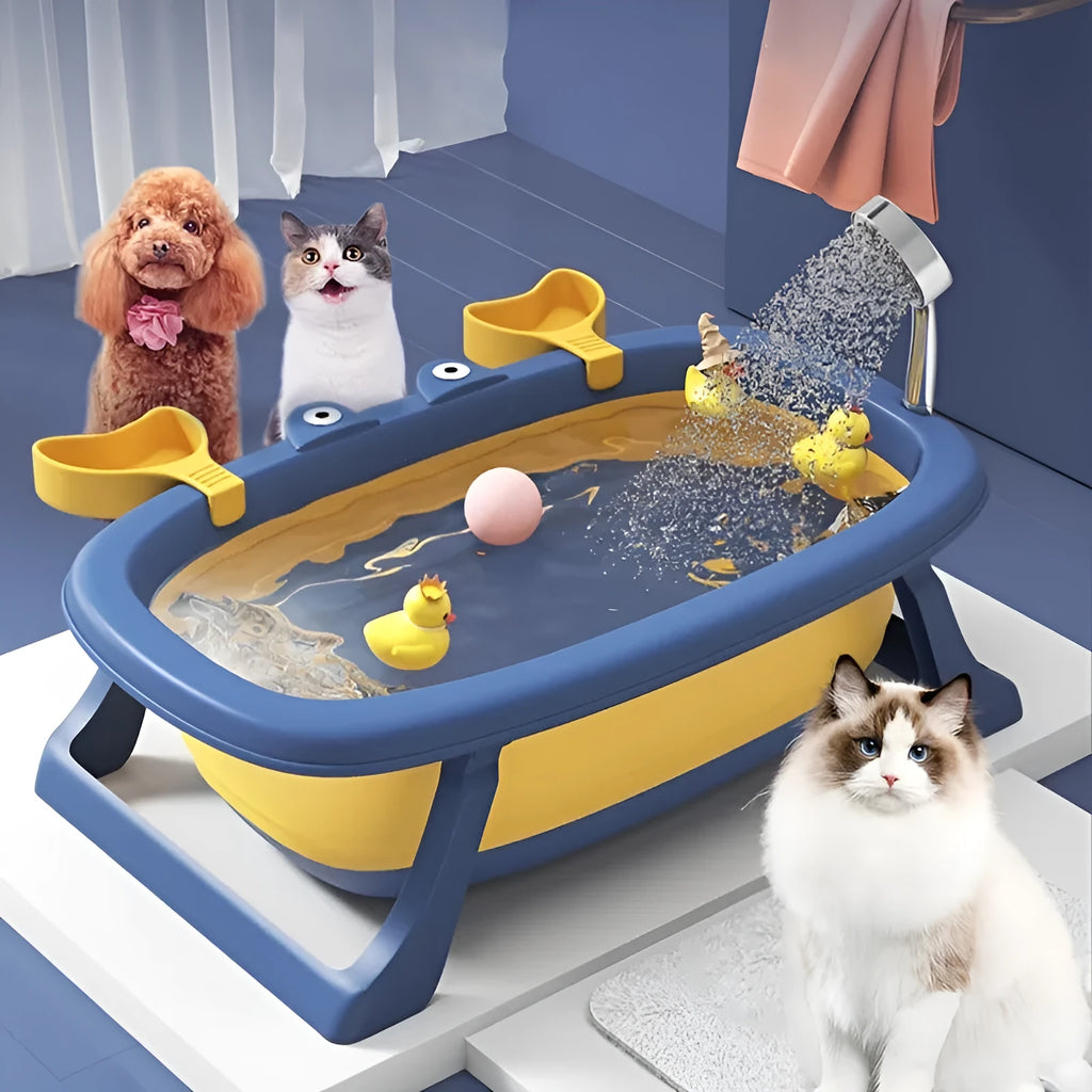 Blue foldable portable plastic tub for washing a small dog or cat.