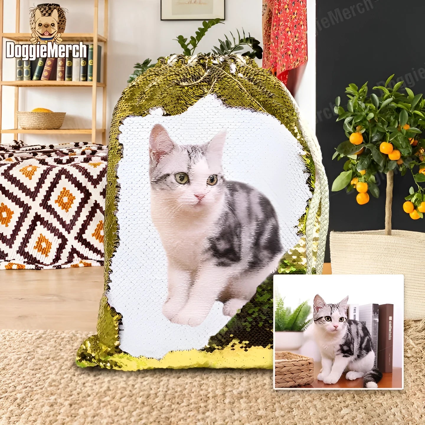 Custom sequins backpack with pet photo print in purple gold or silver with drawstring closure