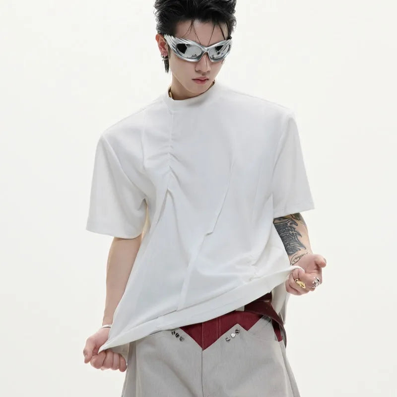 Men's cotton loose fit T-shirt with three-dimensional pleated detail and asymmetric stitching