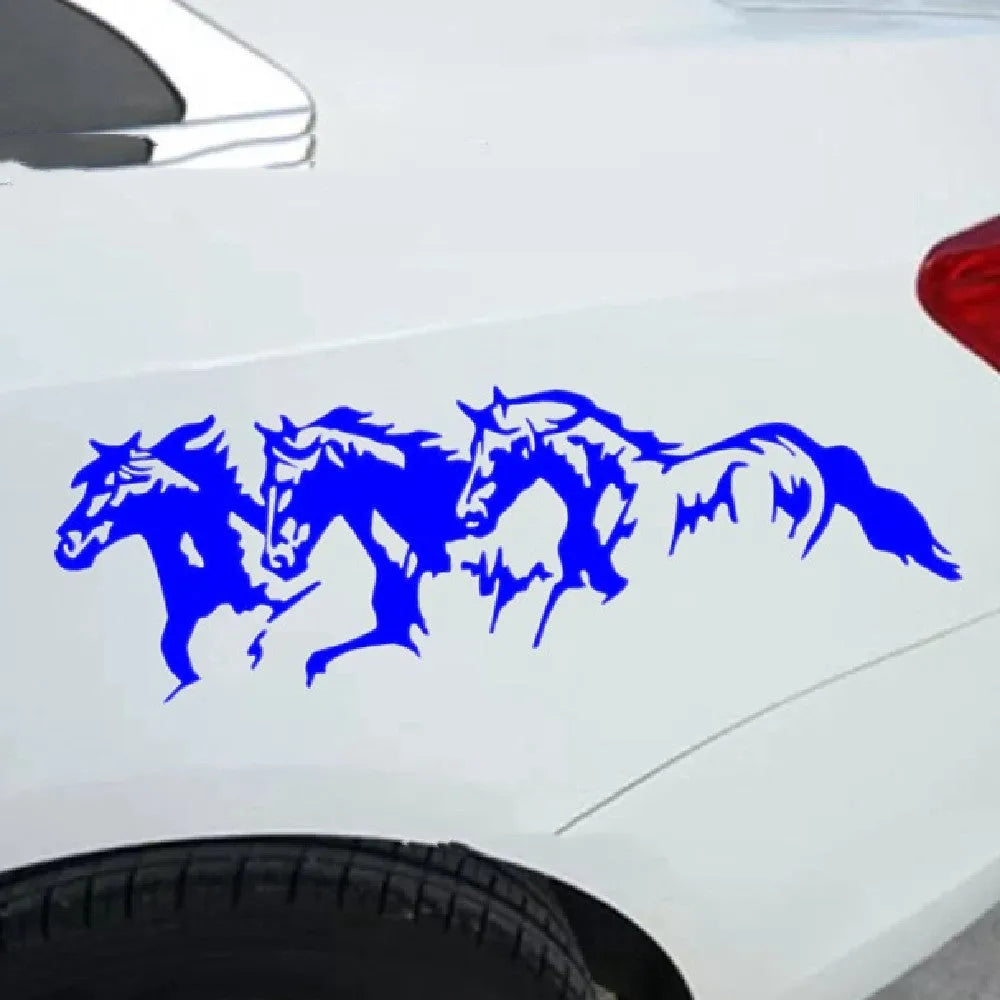Black, white, red, and blue versions of a 25x8cm steed horse auto decal for vehicles.