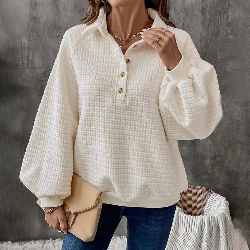 Women's Milky White textured polo collar sweater laid flat, showing long sleeves and thickened knit fabric.