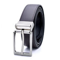 Men's dark brown genuine leather belt with a rotating silver alloy pin buckle on a wooden surface