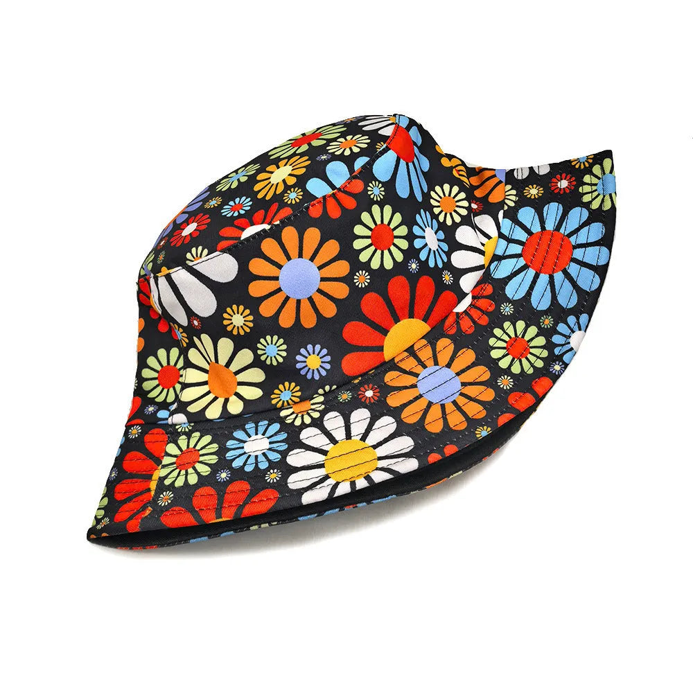 Floral pattern polyester bucket hat with dome crown in size M for sun protection