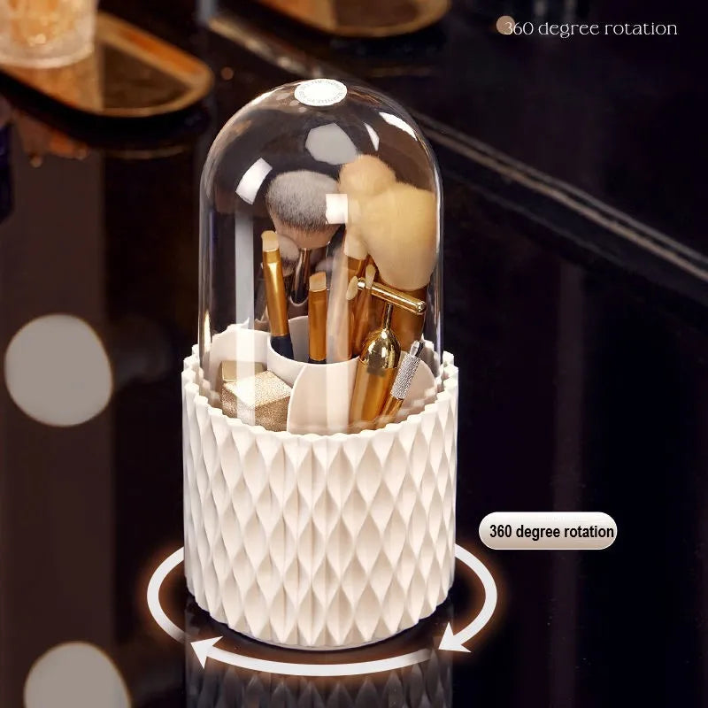 White rotating acrylic makeup brush storage holder with transparent design and dust cover