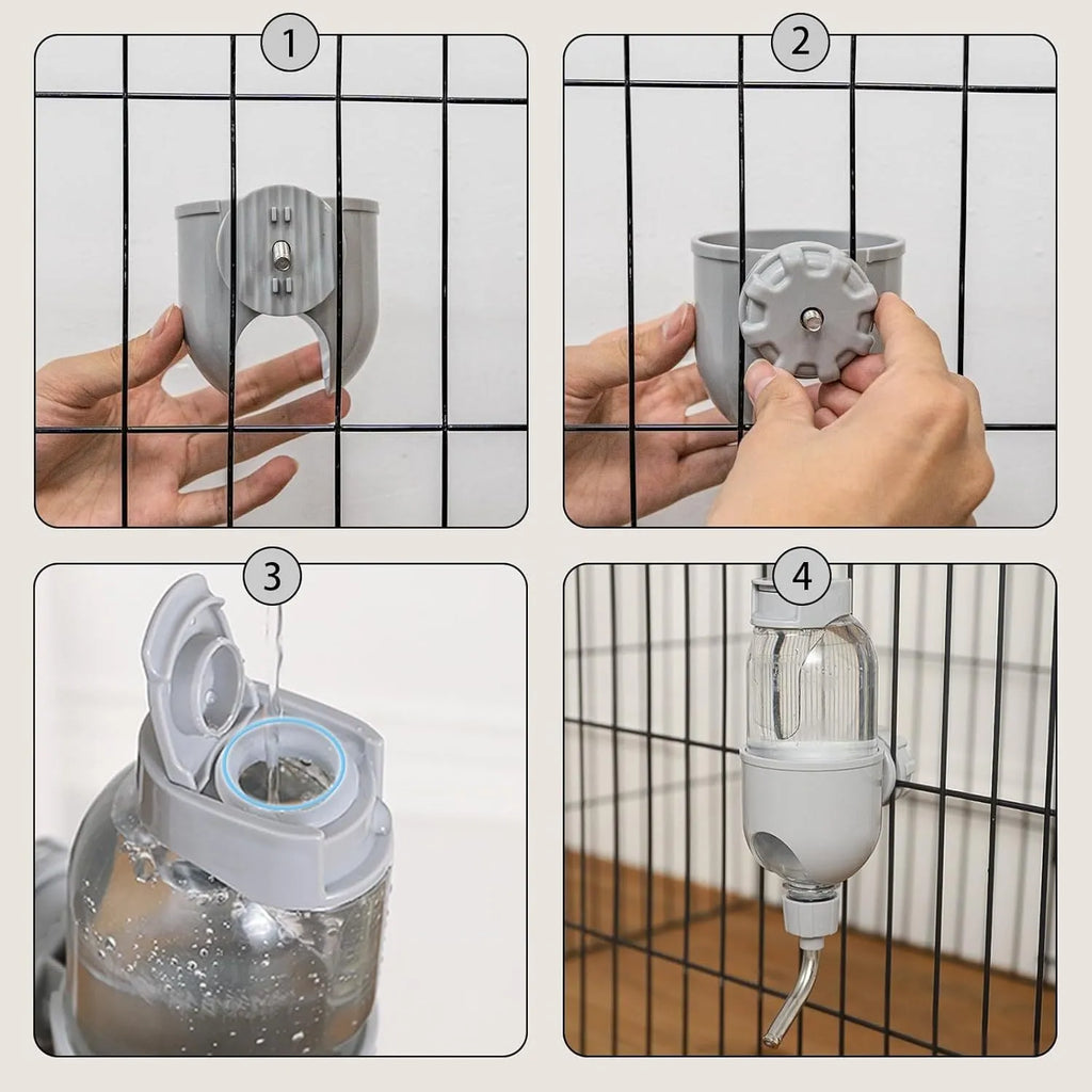 Blue small animal water bottle with rotatable nozzle shown attached to a cage.