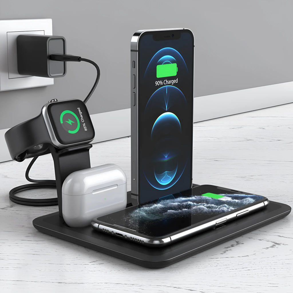 Black and white desktop wireless charger with phone pad, watch port, and headphone bracket.