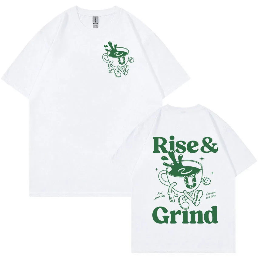 Man wearing a loose-fit linen t-shirt with a 'Rise And Grind Green Coffee Fun Expression Bag' cartoon graphic print.