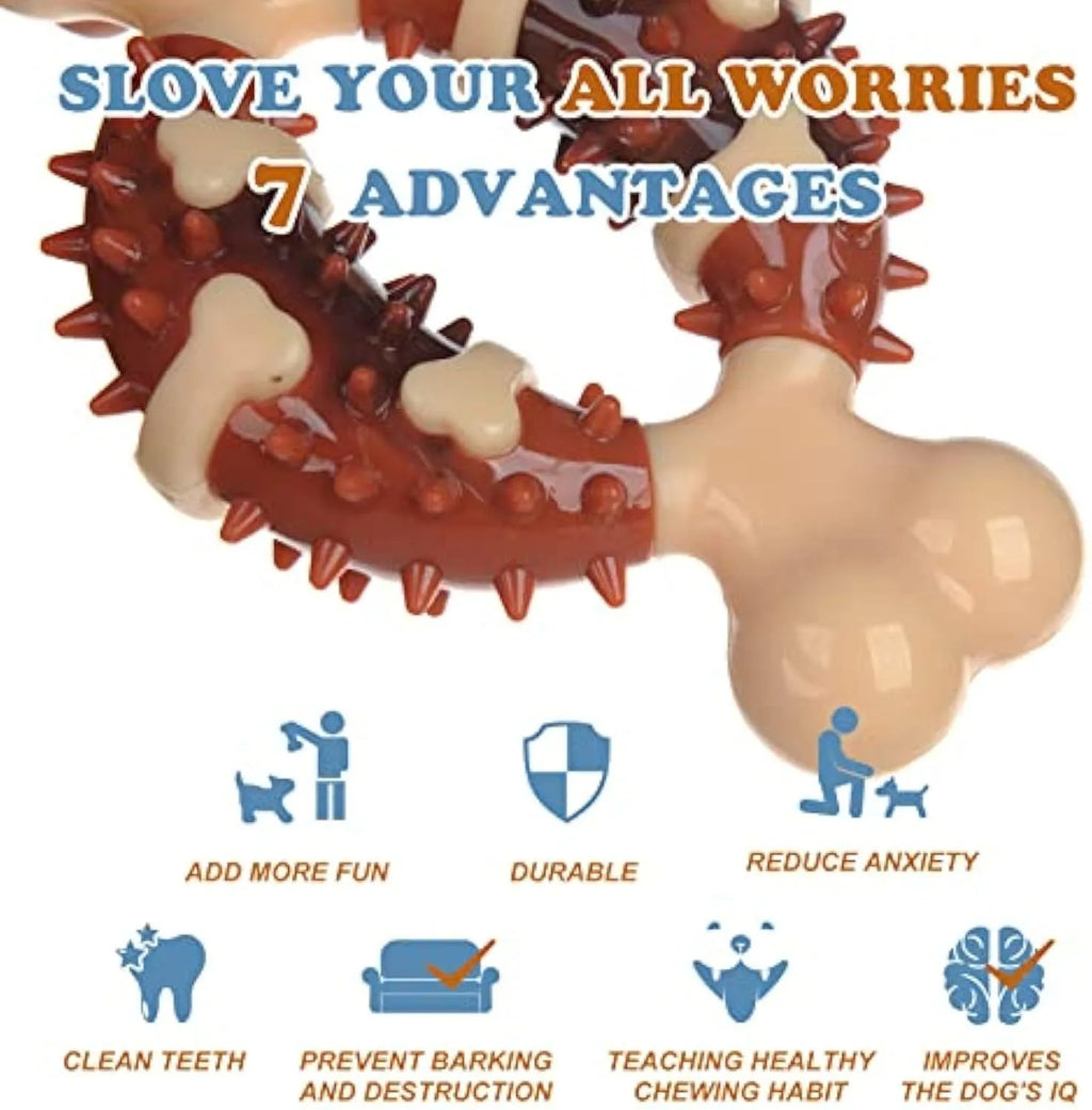 Natural rubber bone-shaped dog dental molar chew toy for teeth grinding shown in two size options