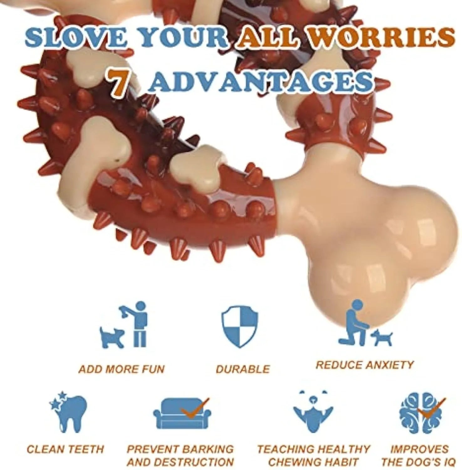 Natural rubber bone-shaped dog dental molar chew toy for teeth grinding shown in two size options