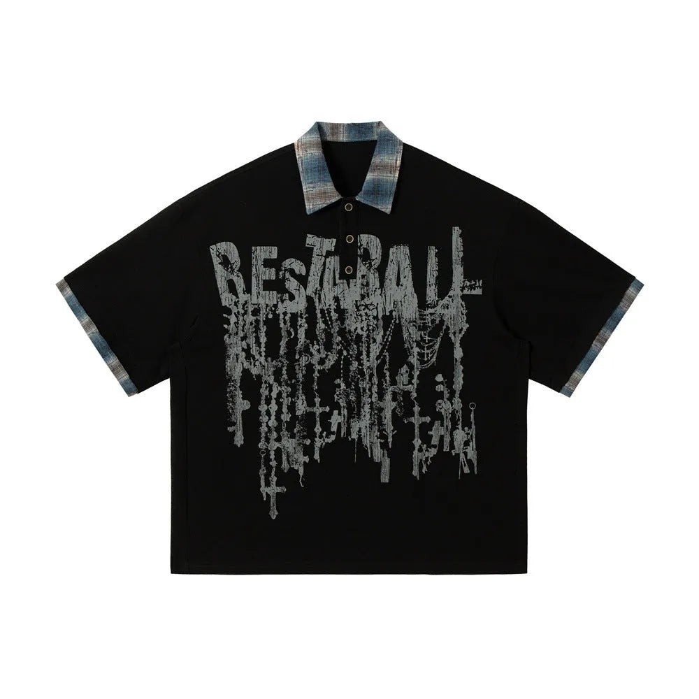 Men's loose blue short-sleeved cotton top with an asymmetric graffiti print design.