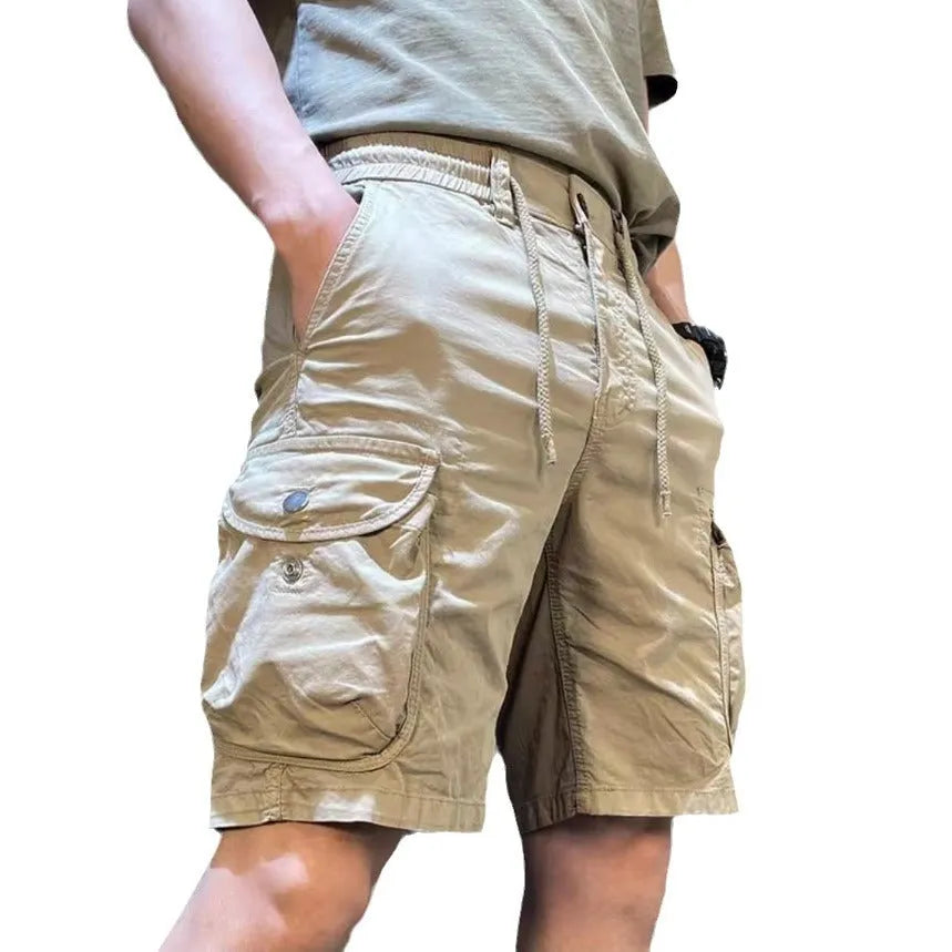 Men's loose straight-leg casual overalls with multiple pockets in khaki colour showing front and side views