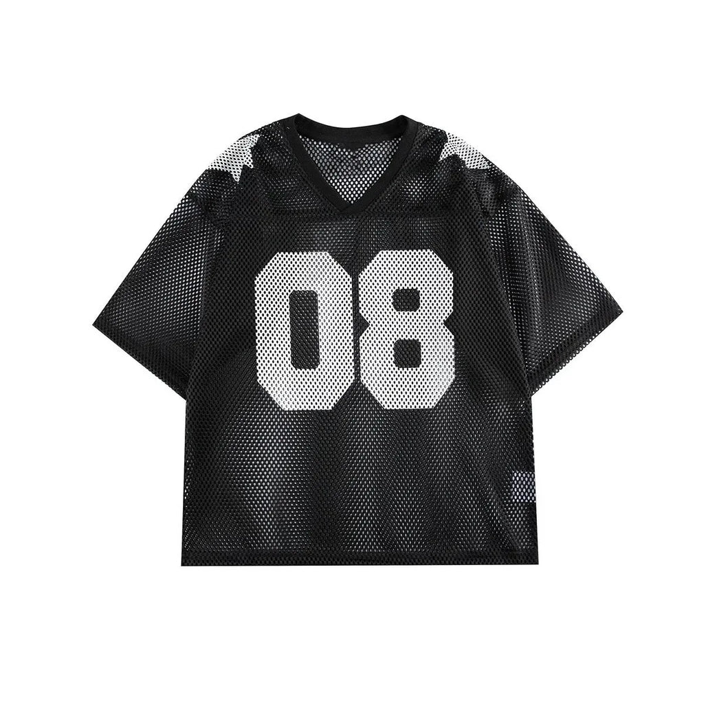 Black polyester pullover shirt with letter pattern design and short sleeves on a hanger