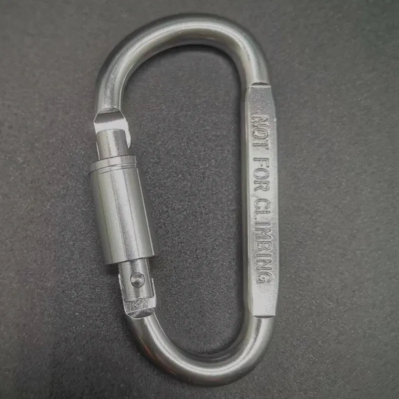D-type aluminium climbing carabiner with screwgate lock in bright silver colour showing 8cm flat profile