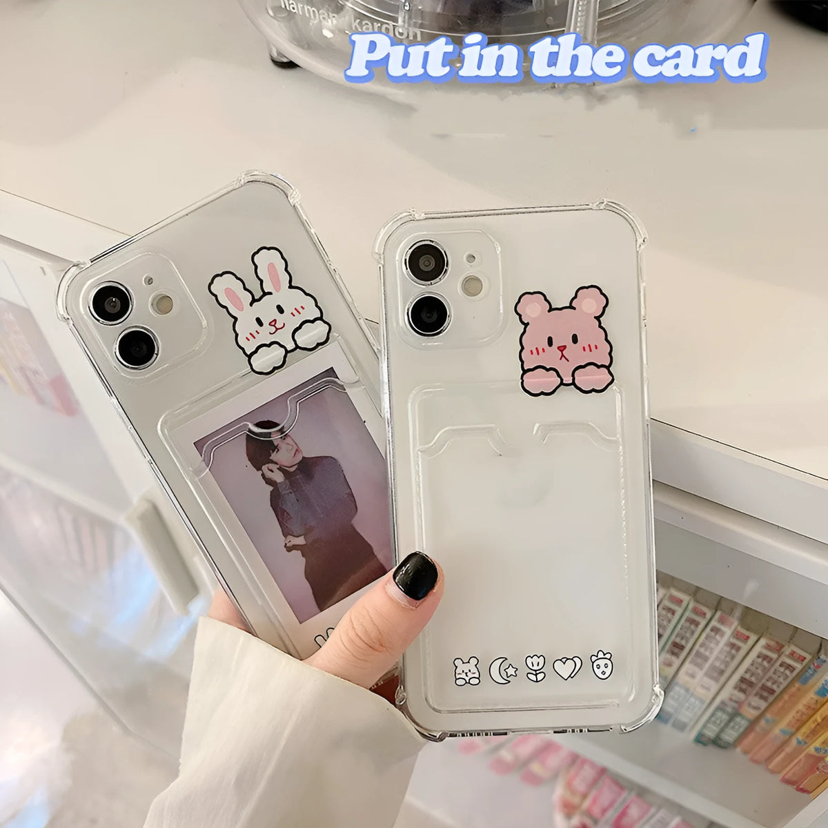 Transparent cartoon-styled iPhone case with a card holder slot on the back