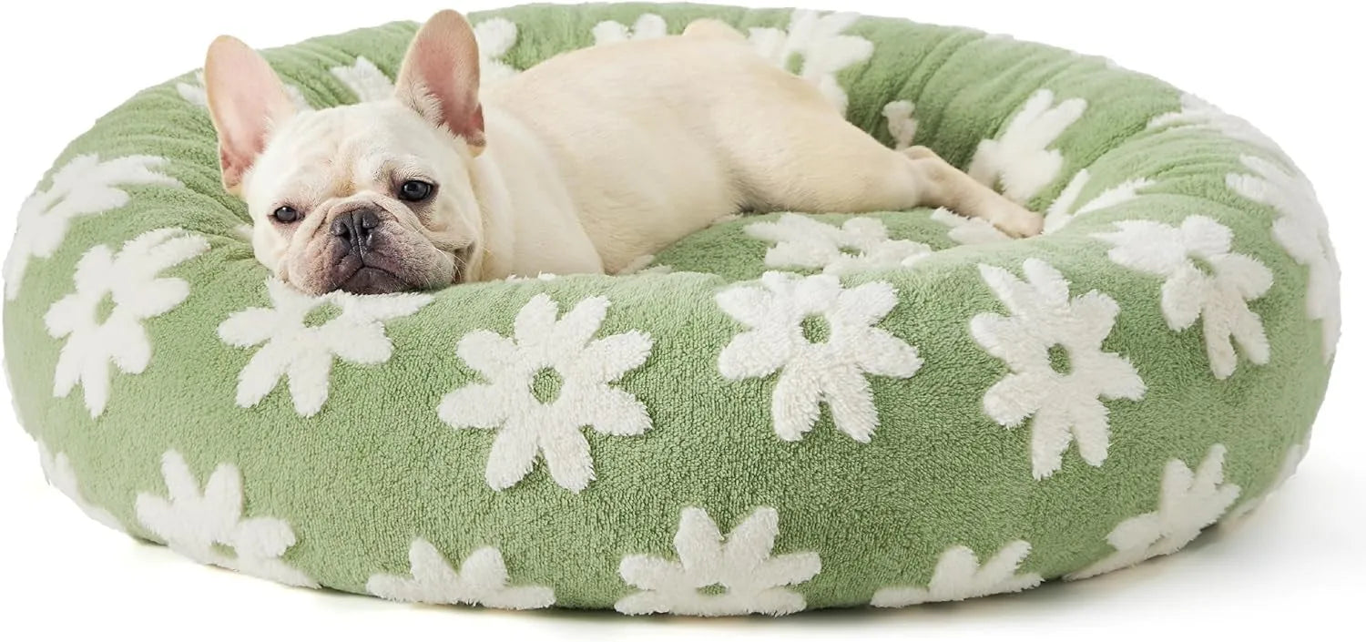 Round plaid dog bed with plastic base, shown in sea blue and white colour, with removable washable cover.