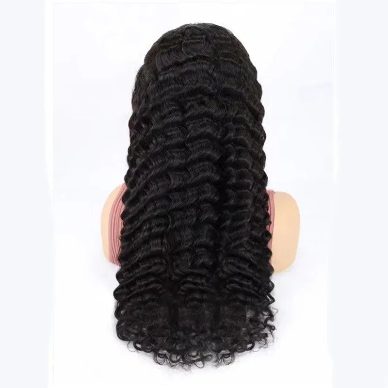 Solid colour half lace front human hair wig on a stand, showing long length options.