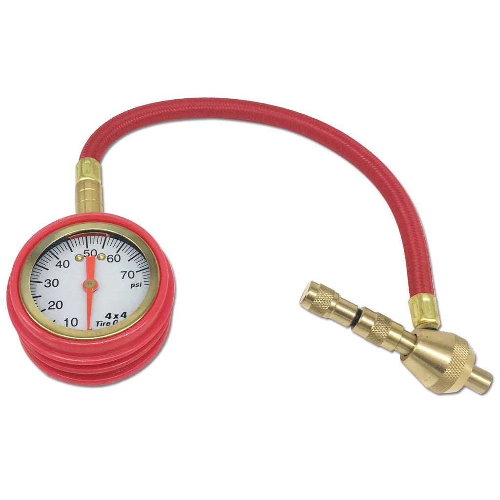 Red and black mechanical car tyre pressure gauge with dial and rapid deflation valve.