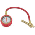 Red and black mechanical car tyre pressure gauge with dial and rapid deflation valve.
