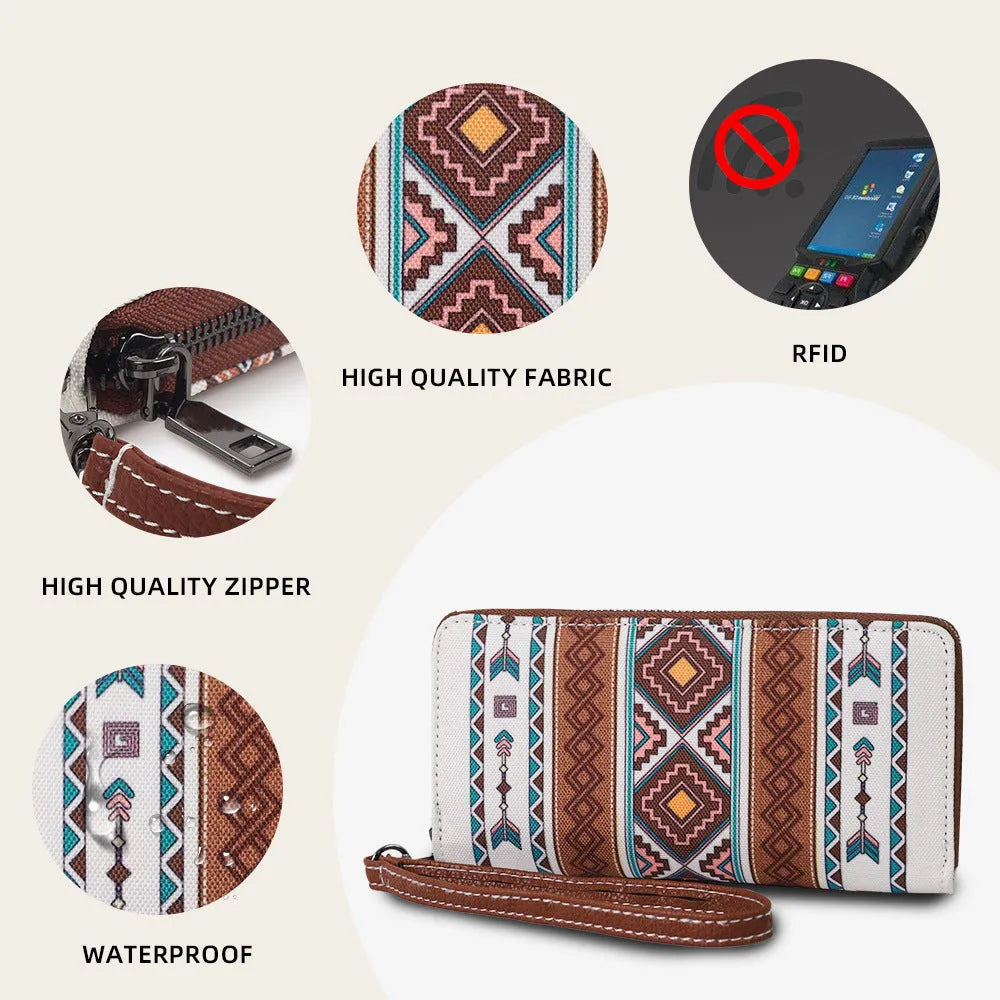 Bohemian stripe pattern canvas RFID-blocking wallet in multiple colour options measuring 20x10x2 cm