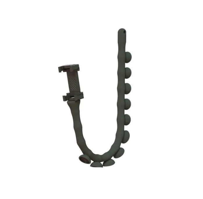 Black flexible lazy bracket phone holder extended to 62cm with suction cup mount showing 360° rotation mechanism
