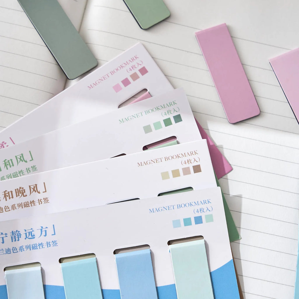 Four magnetic bookmarks in Morandi colour block design showing different colour variations