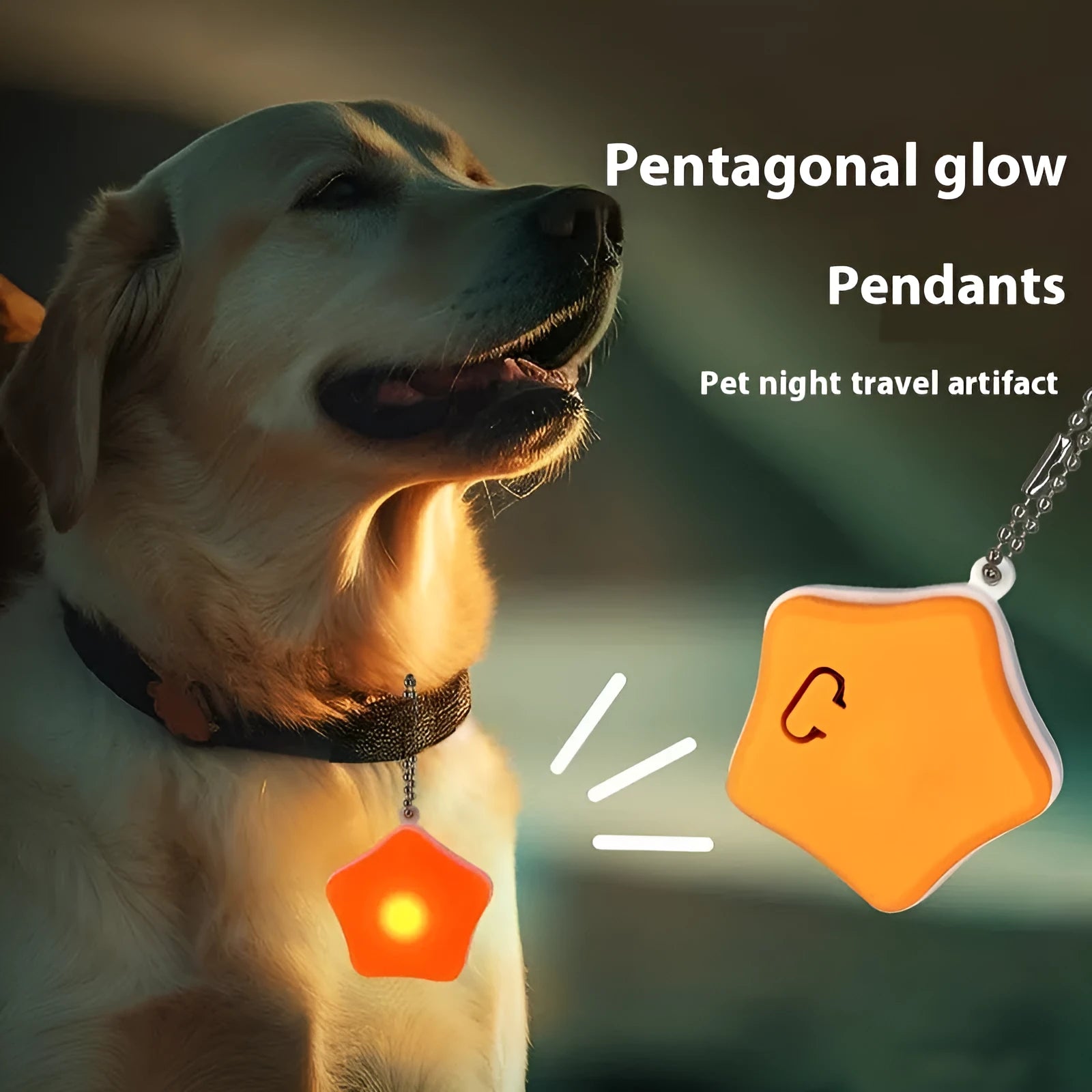 Blue rechargeable pet night light attached to dog collar showing three lighting modes