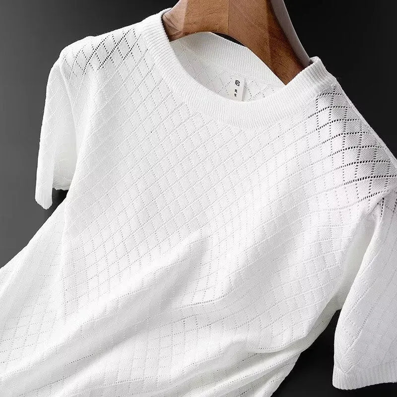 Men's plus size ice silk V-neck T-shirt with cut-out detail in black or white
