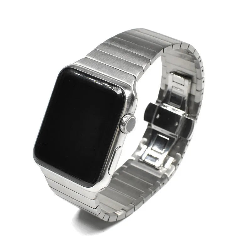 Silver metal chain link watch band with butterfly buckle clasp for Apple Watch
