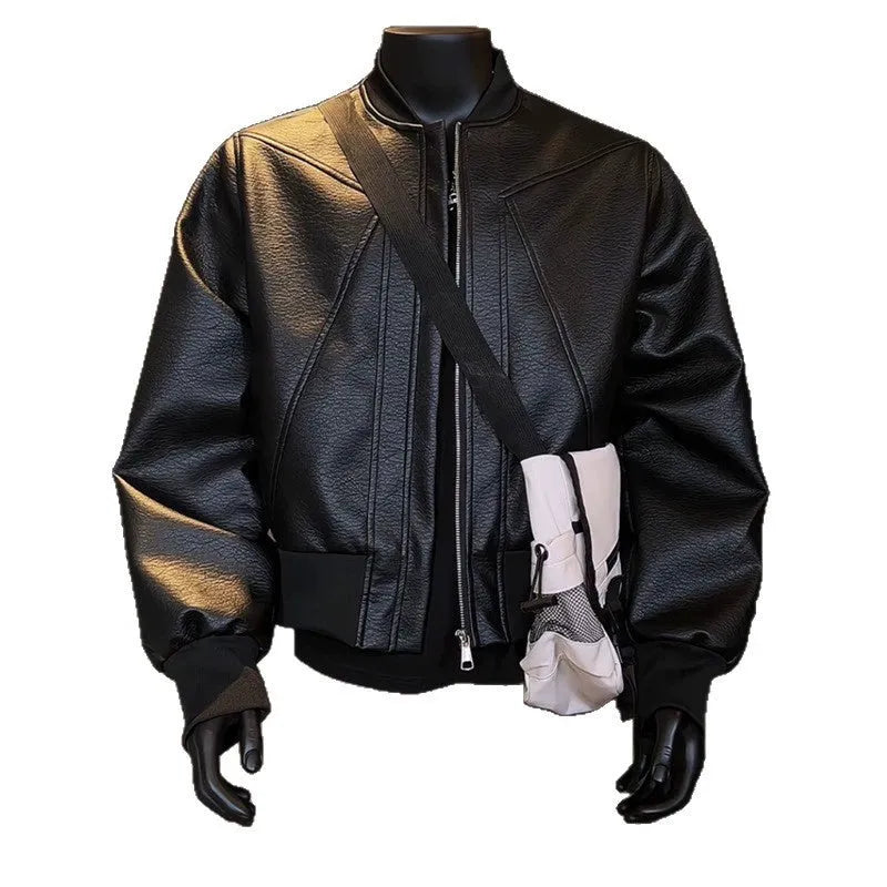 Men's black PU leather biker jacket with egg white litchi pattern texture, extended length design