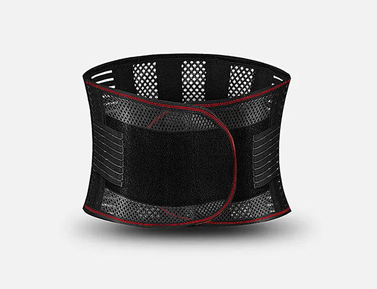 Black breathable sports waist support belt with internal steel plate for lumbar protection, shown on a white background.