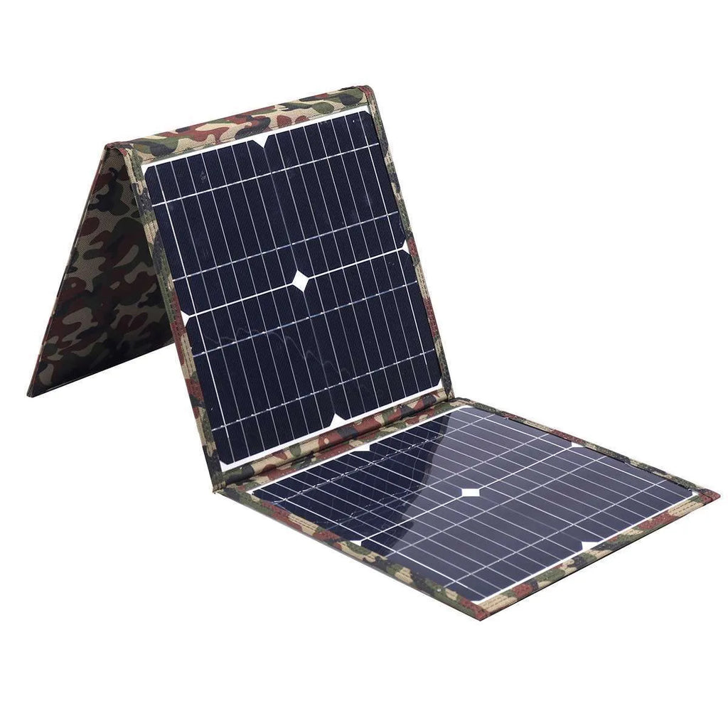 Black foldable solar panel with three monocrystalline silicon cells, car charger, and USB hub accessories