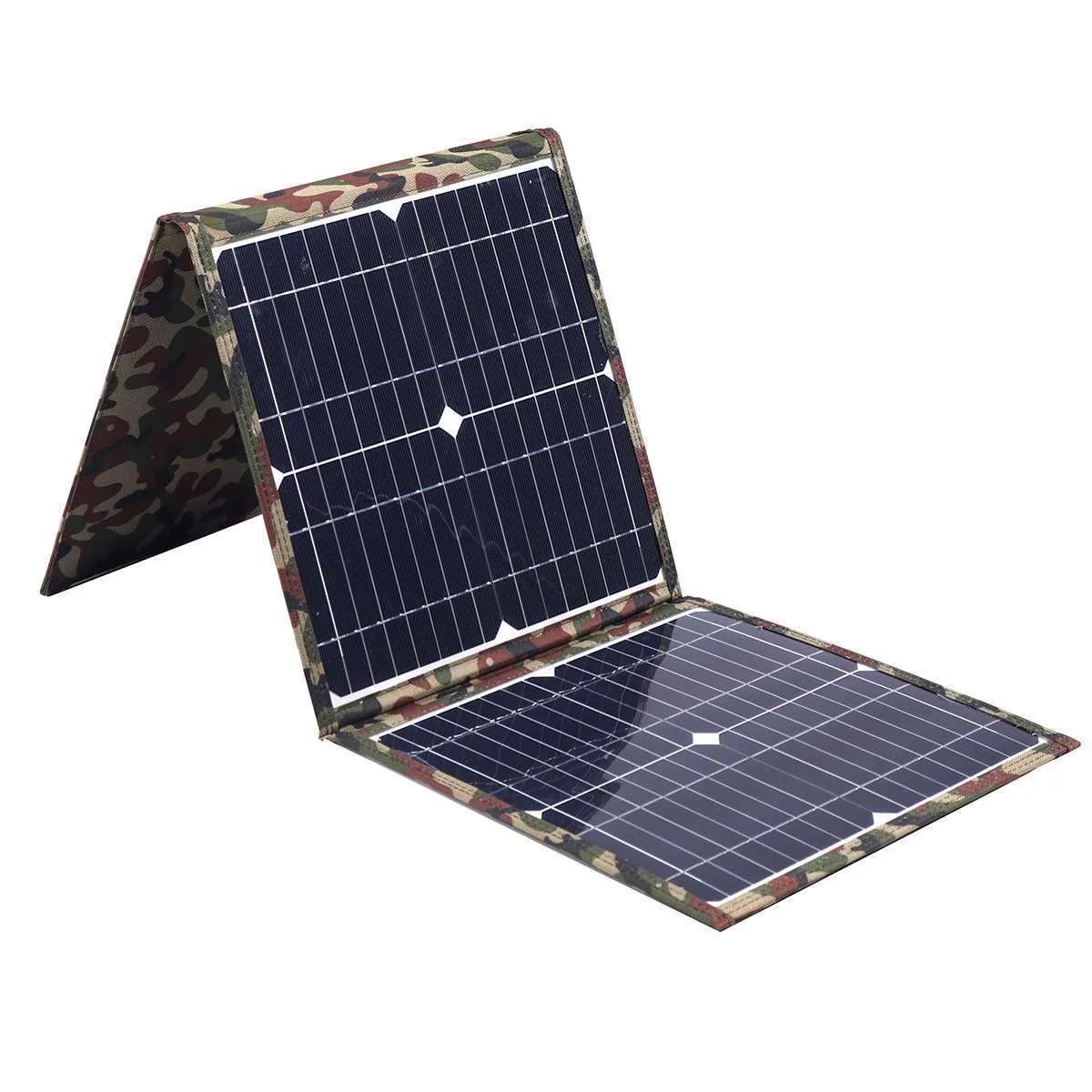 Black foldable solar panel with three monocrystalline silicon cells, car charger, and USB hub accessories