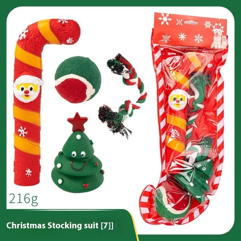 Christmas vinyl dog chew toys gift sets with festive designs including trees, Santa heads, and bite ropes