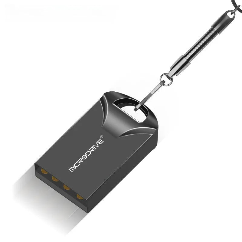 Small black and silver metal USB flash drive showing size comparison