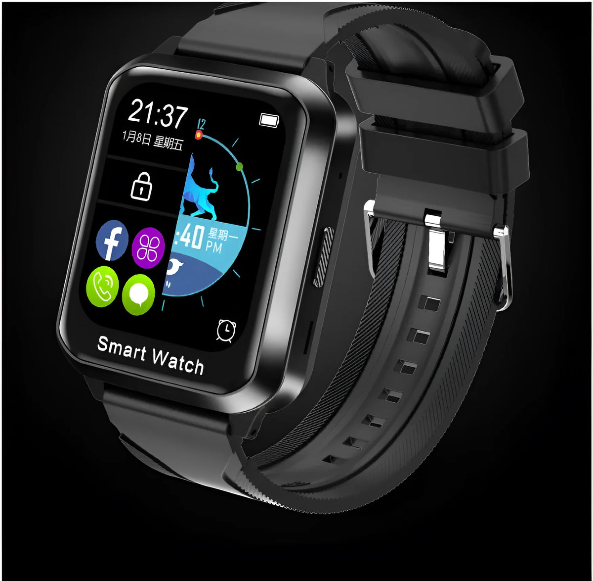 Smart bracelet with split-screen display showing call interface on black silicone wrist strap