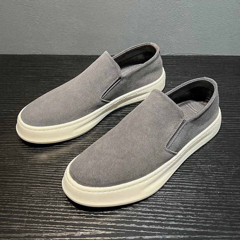 Men's grey and apricot casual shoes with PU upper, round toe and mid-heel