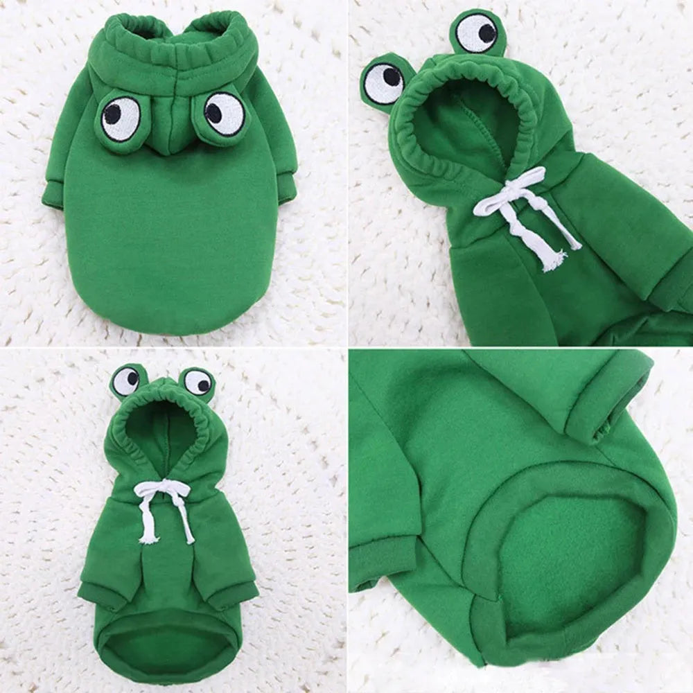 Green frog costume hoodie on a small dog, showing the four-leg design and hood.