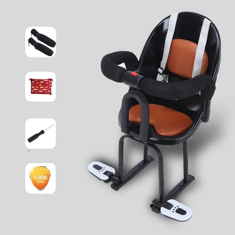 Front baby safety seat attachment for battery scooters with high carbon steel frame