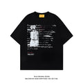 Men's black loose fit cotton t-shirt with white printed letter design and raglan short sleeves