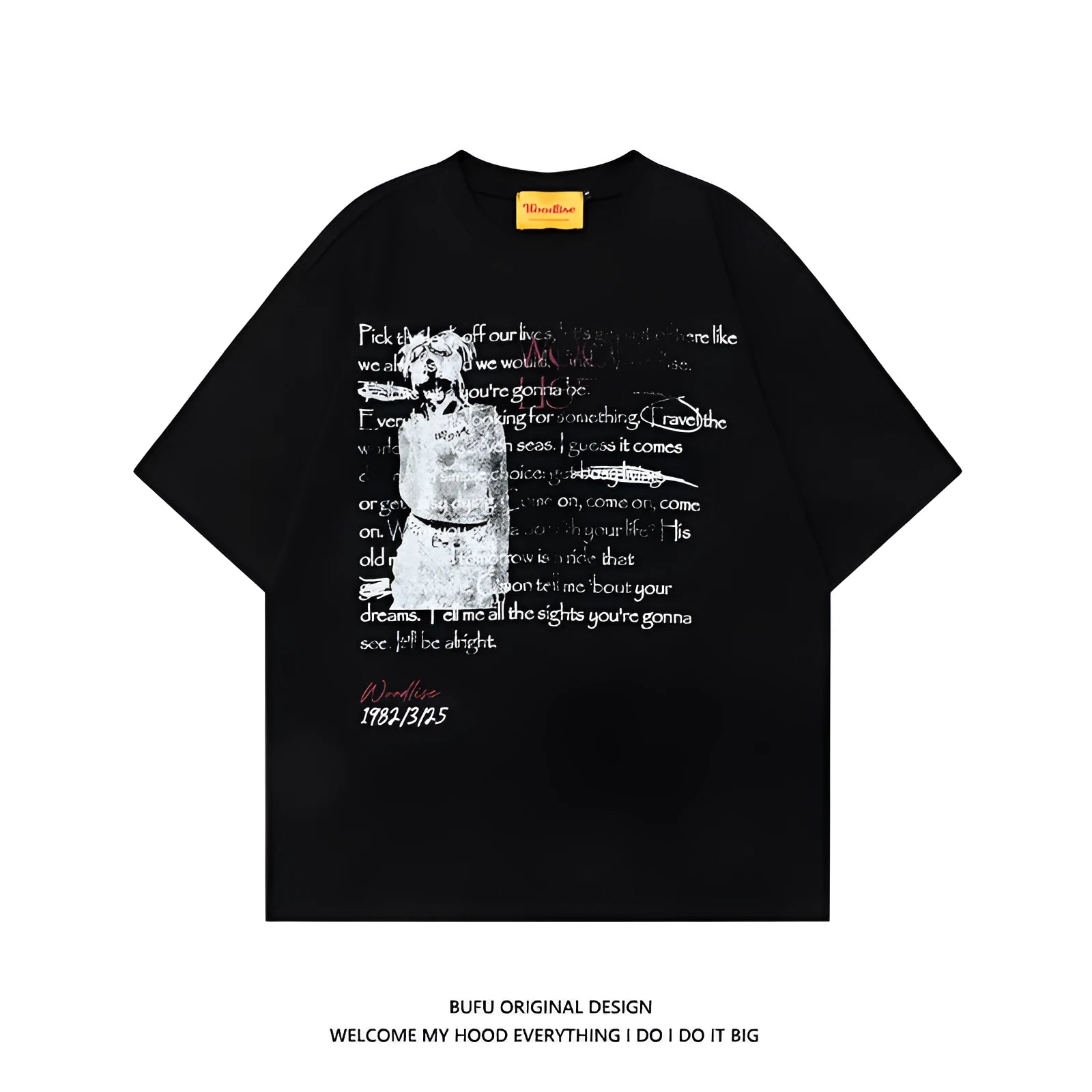Men's black loose fit cotton t-shirt with white printed letter design and raglan short sleeves
