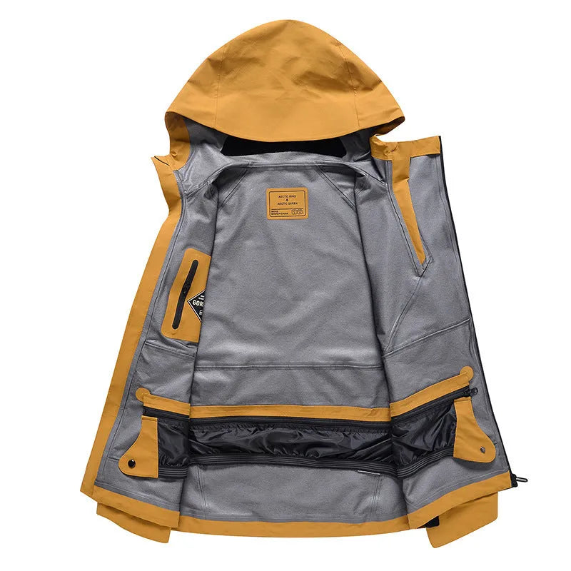 Unisex thin double-plate ski suit in yellow, shown on a model, for waterproof windproof snow sports.