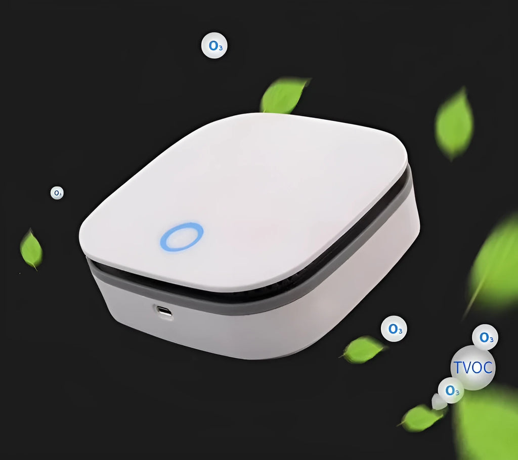 White USB-powered car air purifier with negative ion technology and button controls