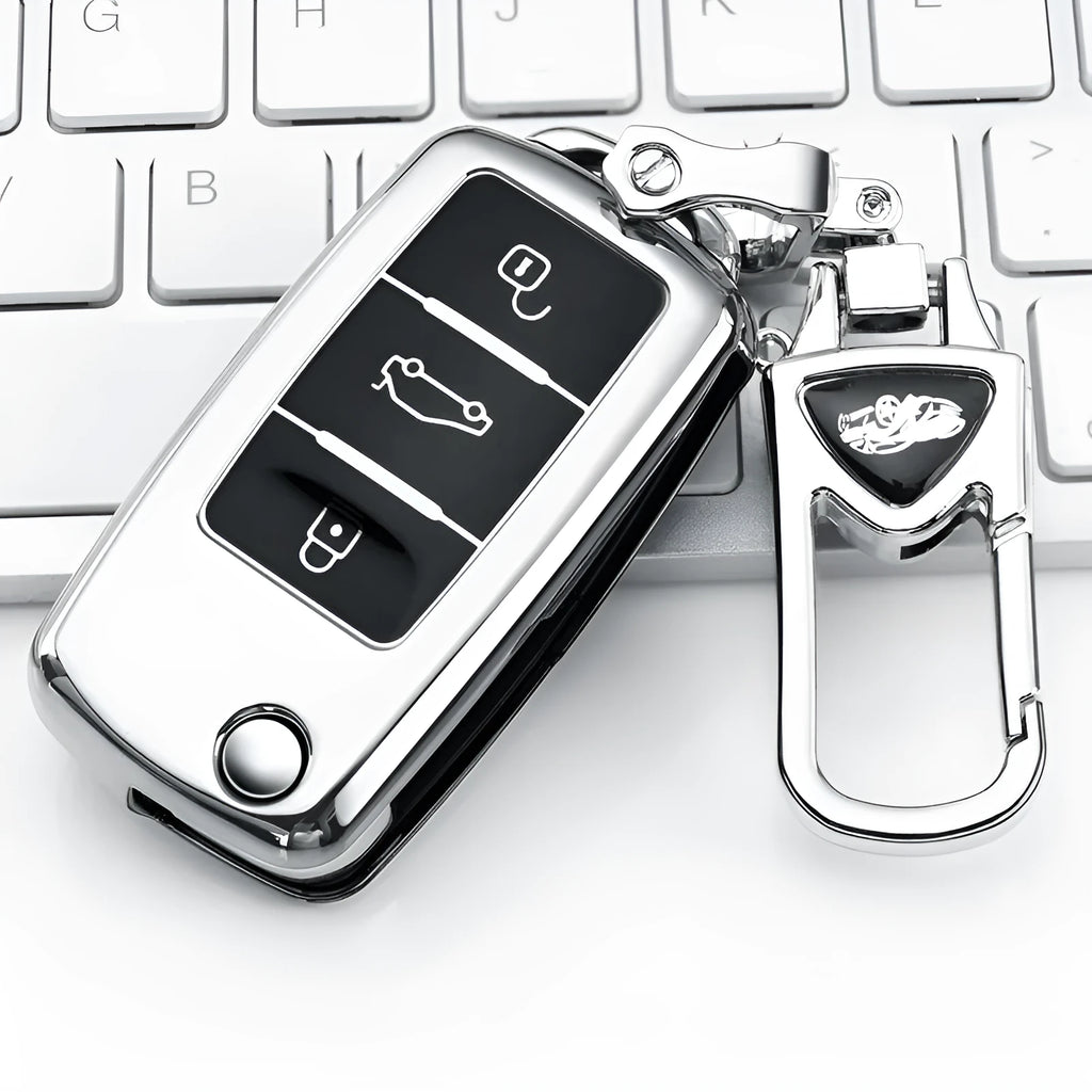 VW Model A folding car key inside a TPU protective case with a metal buckle, shown in blue colour.