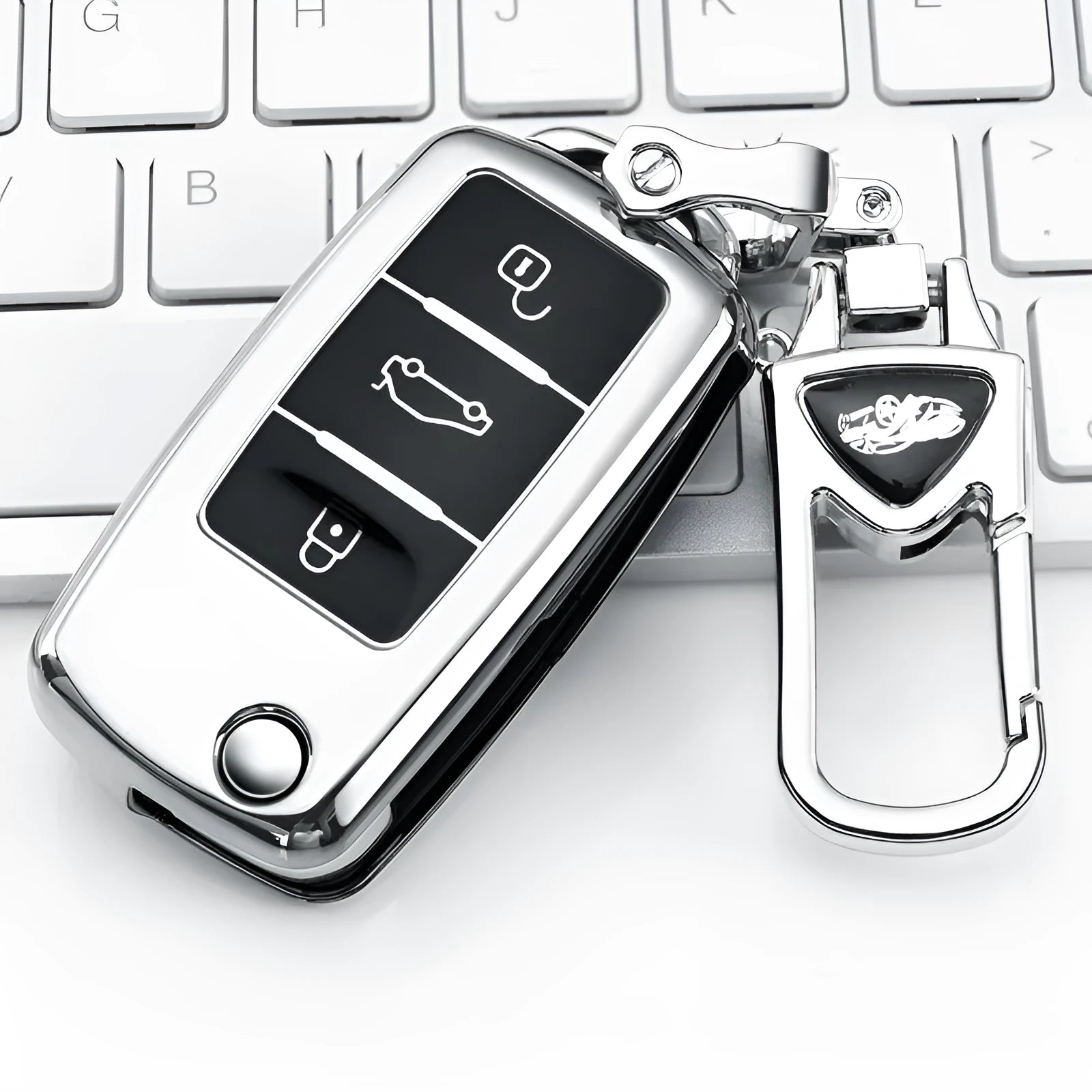 VW Model A folding car key inside a TPU protective case with a metal buckle, shown in blue colour.