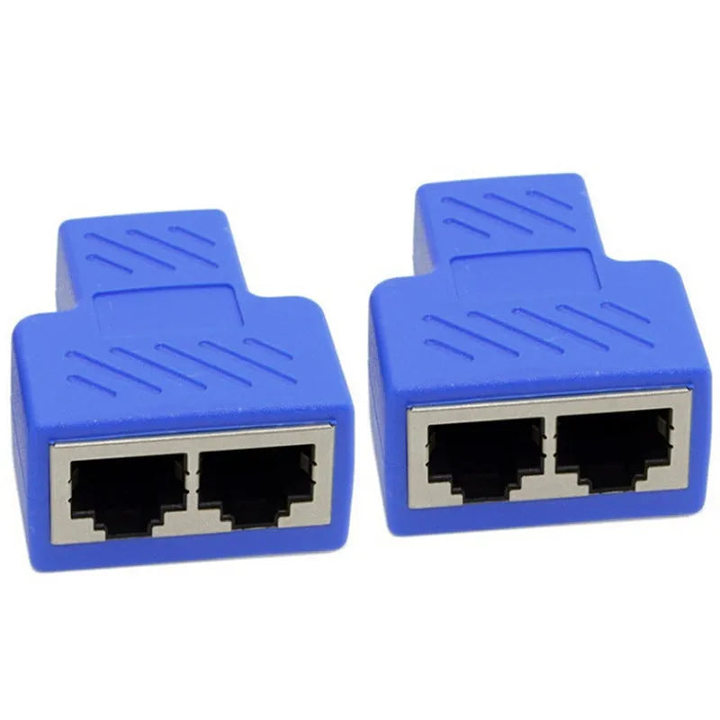 Two white RJ45 network cable splitters, showing one input and two output ports.