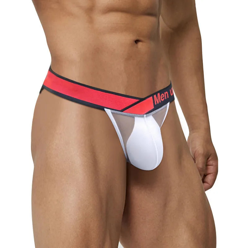 Men's transparent ice silk briefs in red, black, or white with a large V gradient front.