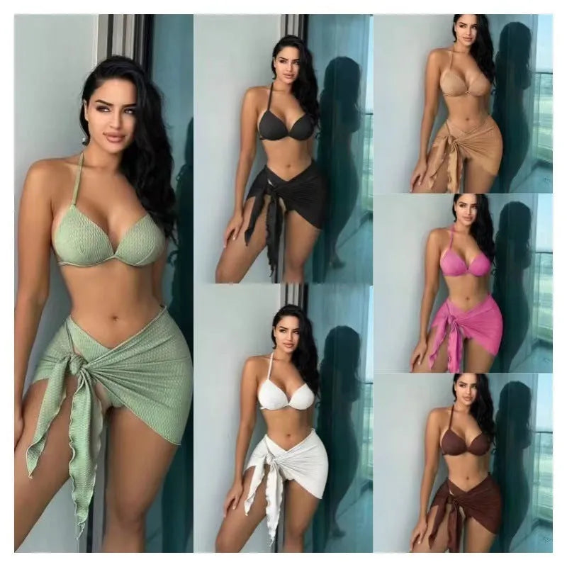 Women's three-piece solid color swimsuit with high elastic top panties and skirt in avocado green black white or pink