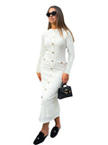 French retro slim fit knitted long sleeve dress in black with button detail and one-step skirt